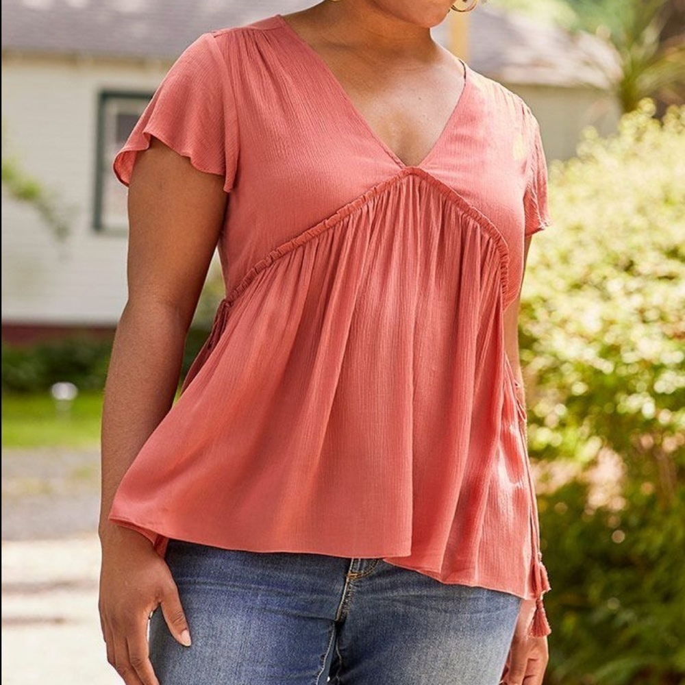 Matilda Jane WILLOW Coral Pink VNeck Crinkle Flowy Peasant Top Size Small